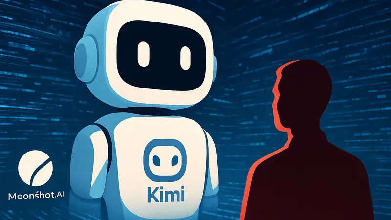Изображение чат-бота Kimi AI с логотипом Moonshot AI на фоне цифровых потоков данных, символизирующее ИИ-технологии.