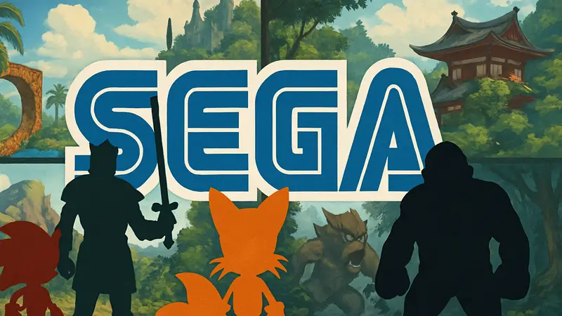 Логотип Sega на фоне стилизованных изображений популярных игровых персонажей в анимационном стиле, символизирующий их адаптацию.
