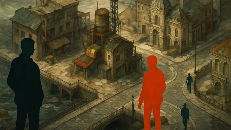 Изометрический вид города Ревашоль из игры Disco Elysium, отражающий уникальный арт-дизайн.