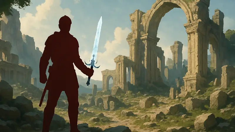 Chillfallen Sword в Crimson Desert: герой держит мощный одноручный меч на фоне фэнтезийных руин.