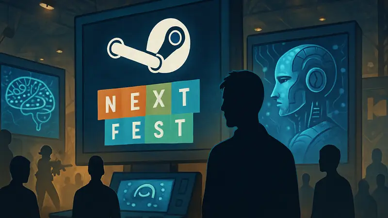 Изображение Steam Next Fest с элементами, символизирующими искусственный интеллект и видеоигры.