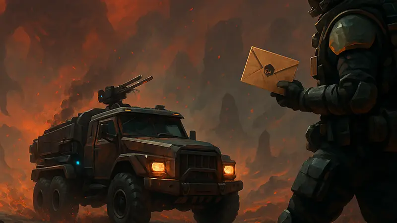 Обложка игры Hell Express, демонстрирующая боевой грузовик и концепцию доставки писем мертвым.