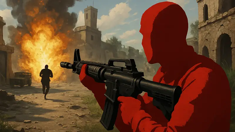 Сцена из шутера от первого лица, игрок держит оружие, взрыв на фоне