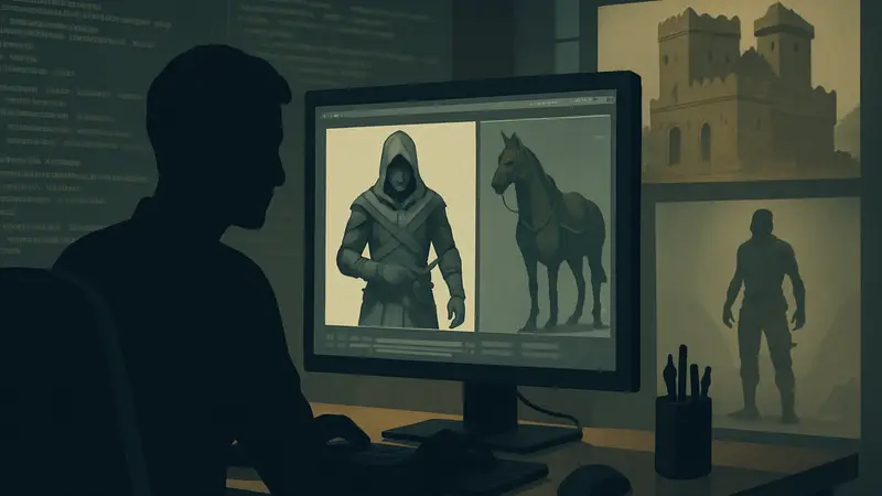 Разработчик игр за рабочим местом, на фоне кода и 3D-моделей ассетов.