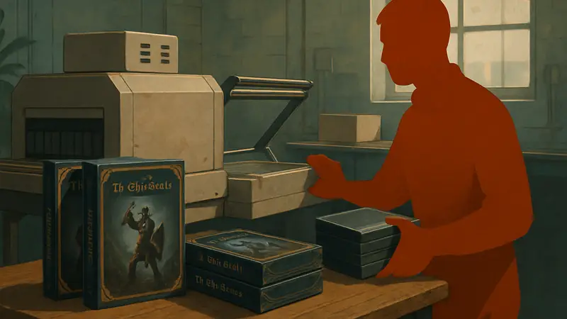 Старые коробки с игрой The Elder Scrolls на фоне ретро-упаковочного оборудования