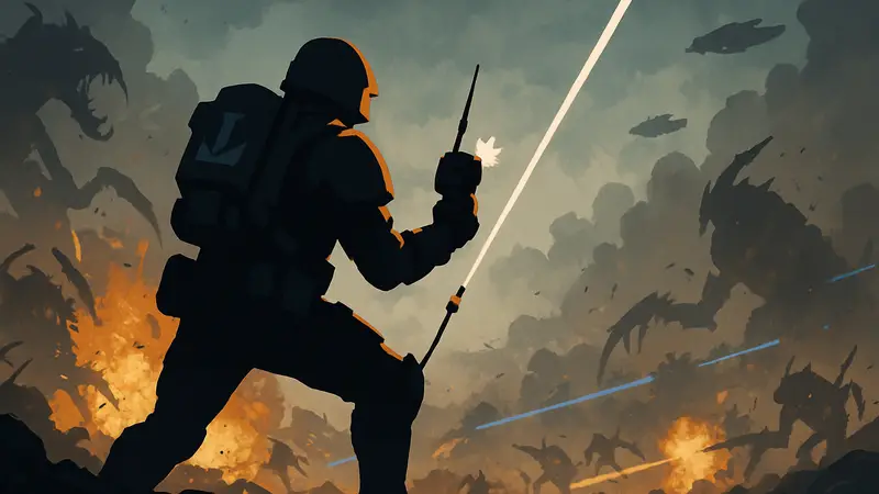 Игрок Helldivers 2 использует стратагему в динамичном бою