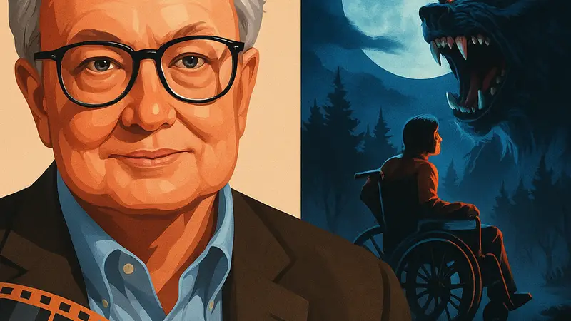 Портрет Роджера Эберта с кинолентой и постер фильма ужасов по Стивену Кингу 'Серебряная пуля'.