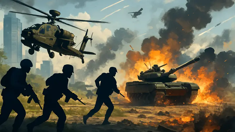 Игровой скриншот Battlefield 6 с видом на масштабные боевые действия и технику в действии.