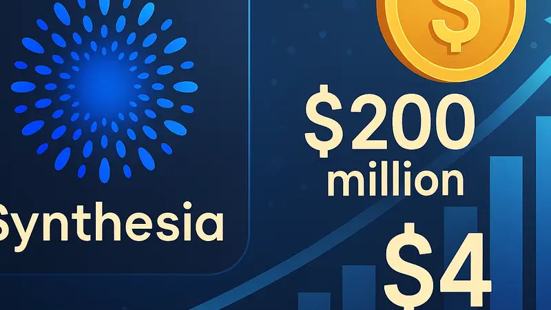 Ло готип Synthesia на фоне данных об инвестициях и роста оценки ИИ-платформы.