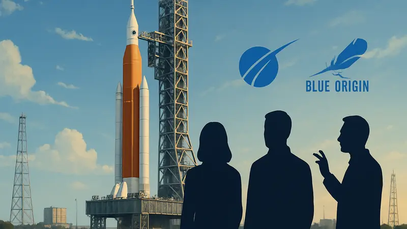 Ракета Artemis II на стартовой площадке NASA, символ сотрудничества с частными компаниями.