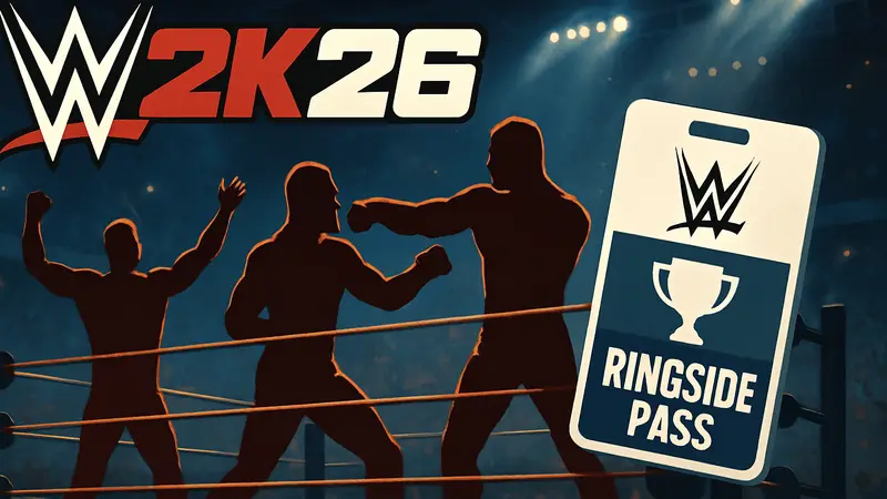 Обновление 1.04 для WWE 2K26, логотип игры, рестлеры на ринге, Ringside Pass