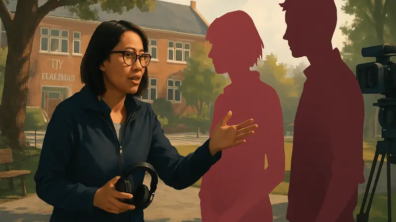 Карин Кусама на съёмочной площадке сериала Life is Strange, обсуждает сцену с актёрами.