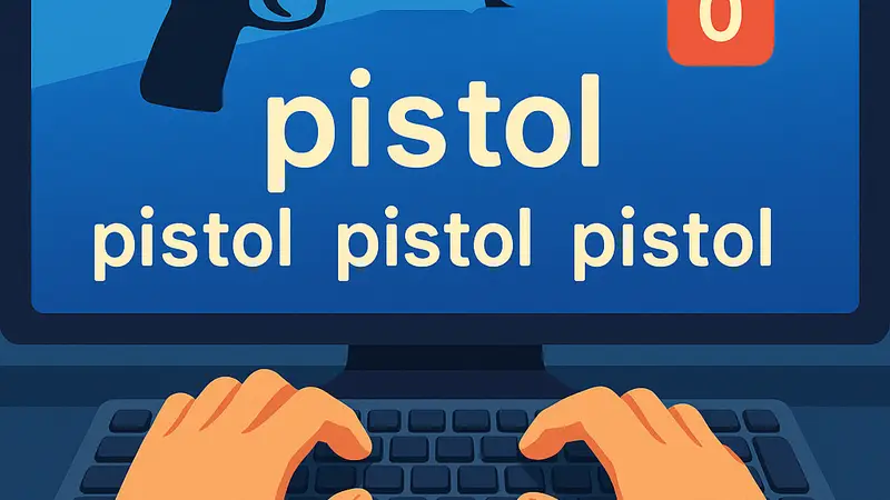 Скриншот игры Typing Break, демонстрирующий экран набора текста со словом 'pistol' и счётчиком ошибок.