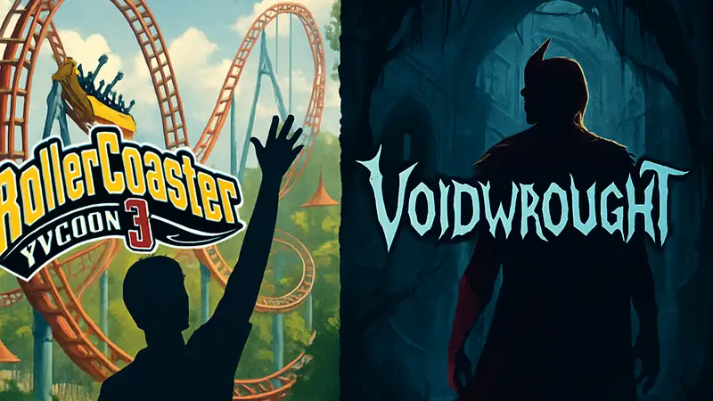 Логотипы RollerCoaster Tycoon 3 и Voidwrought, анонсирующие бесплатную раздачу в Epic Games Store