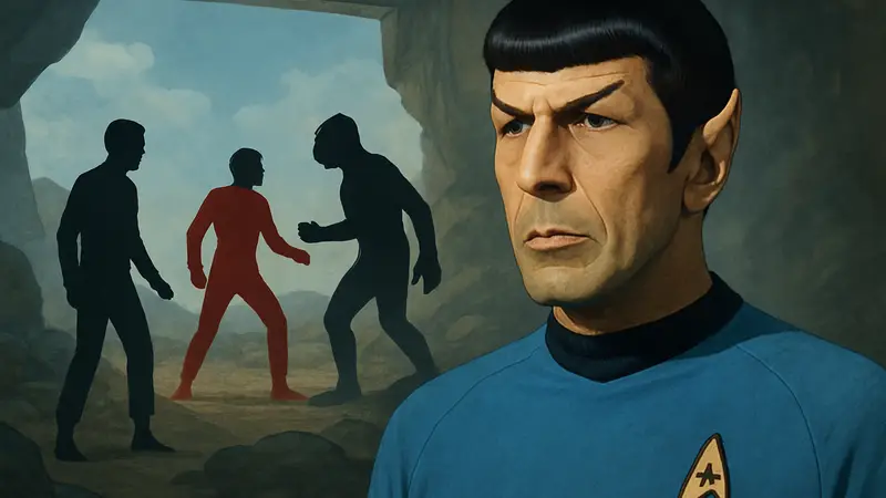 Леонард Нимой в образе Спока из сериала Star Trek на фоне кадров из эпизода "Время ярости"