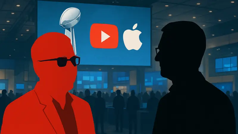CEO YouTube Нил Мохан и глава Apple Тим Кук на мероприятии, связанном с Super Bowl и технологиями.