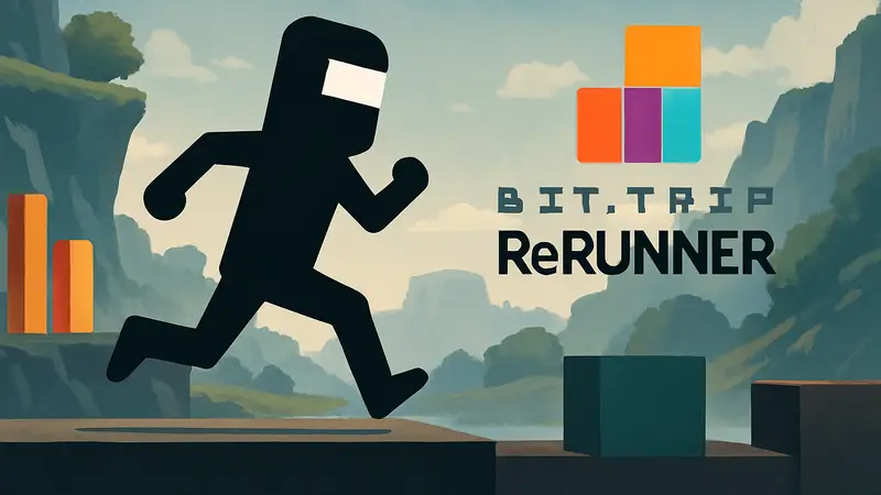 Персонаж из BIT.TRIP Runner в движении, стилизованное изображение, логотип игры BIT.TRIP Rerunner