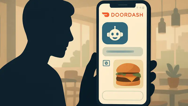 Интерфейс мобильного приложения DoorDash с новым ИИ-чат-ботом Ask DoorDash, принимающим текстовые и фото запросы от пользователя.
