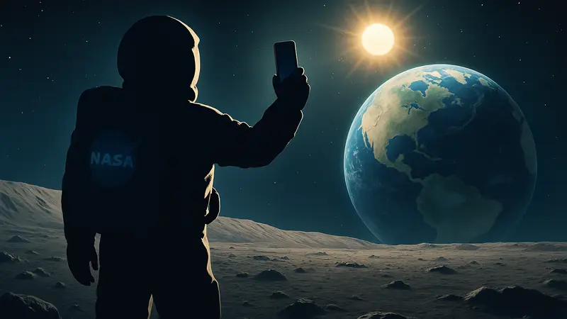 Астронавт NASA делает селфи на поверхности Луны со смартфоном в руке на фоне Земли, освещенной Солнцем.