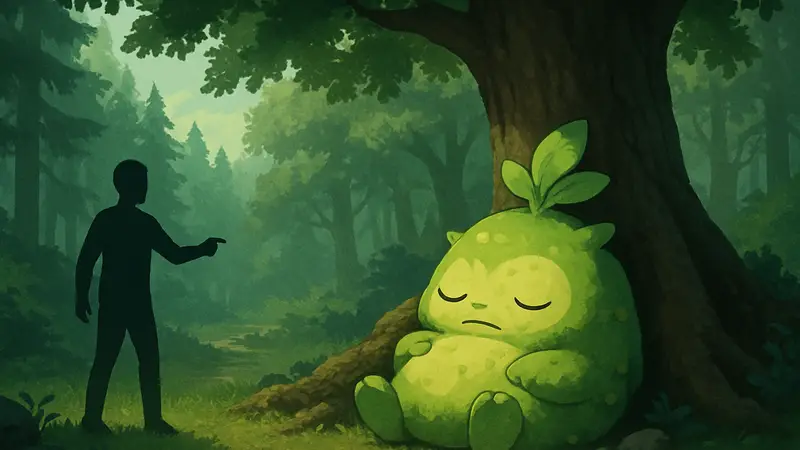 Мосслэкс из игры Pokopia спит под деревом в лесу, иллюстрация гайда