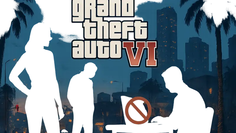 Логотип Grand Theft Auto 6 и силуэты персонажей, символизирующие задержку выхода на ПК