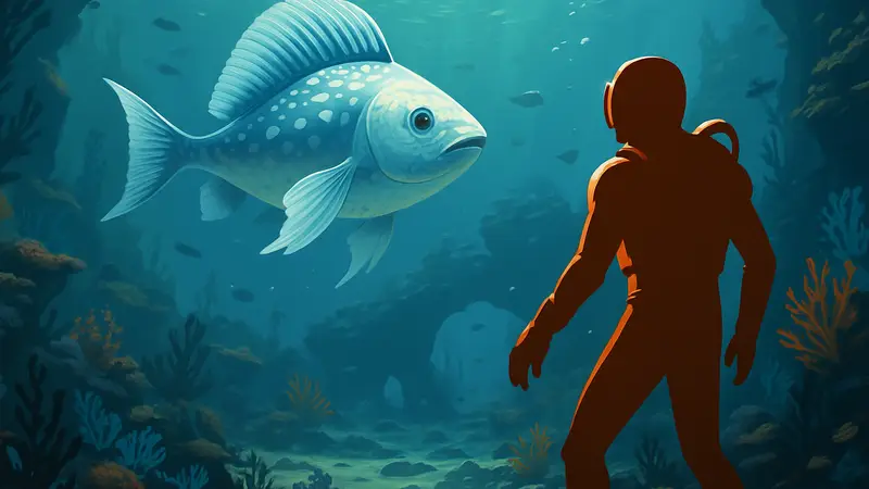 Подводный мир Subnautica 2, неубиваемая рыба, игрок в водолазном костюме