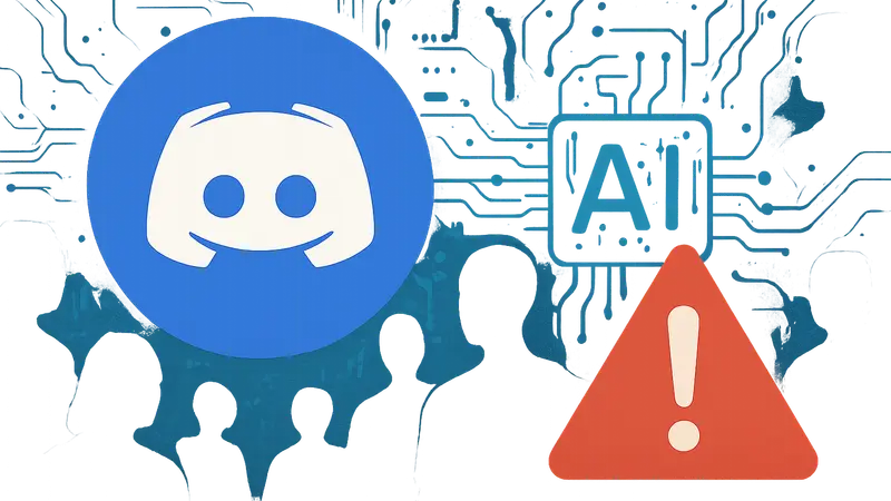 Логотип Discord, наложенный на изображение с элементами искусственного интеллекта и символом ошибки