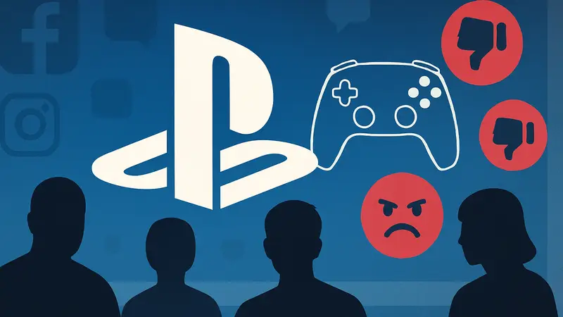 Логотип PlayStation на фоне соцсетей, символ контроллера FlexStrike и значки негативных реакций