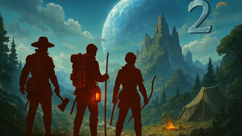 Обложка Outward 2 с изображением персонажей и элементов выживания на фоне фантастического мира.