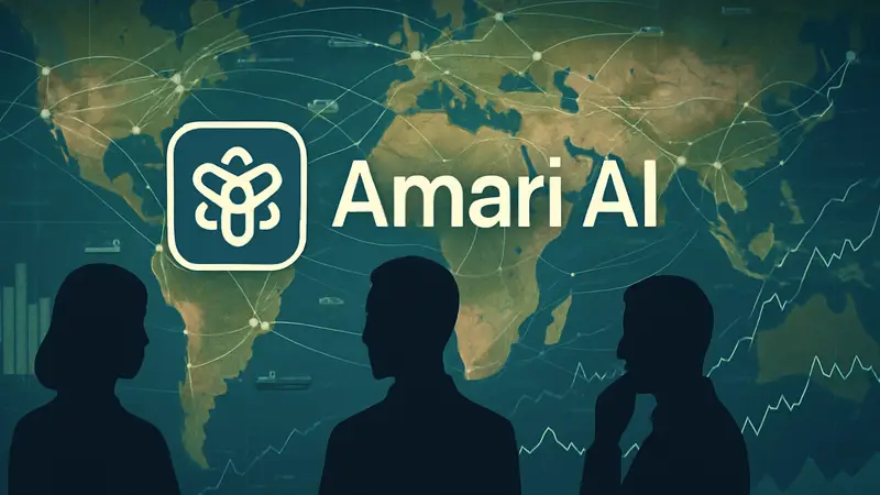 Логотип Amari AI на фоне схематического изображения мировых торговых путей и графиков, символизирующих сложность торговых политик.