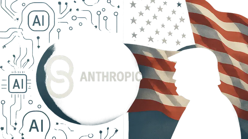 Изображение: Логотип Anthropic на фоне символов ИИ и американского флага, показывающего влияние правительства.