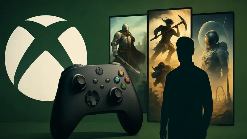 Изображение логотипа Xbox, контроллера и нескольких обложек новых видеоигр, символизирующих предстоящие релизы.
