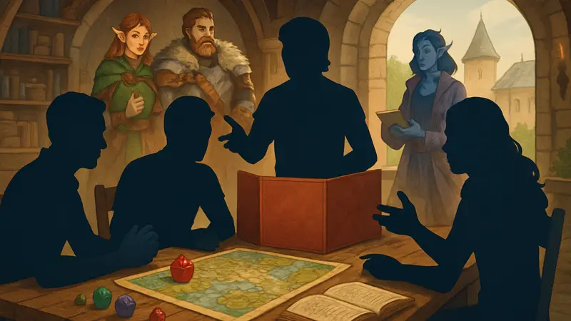 Игроки Critical Role Campaign 4 за столом с элементами Dungeons & Dragons и персонажами на фоне.