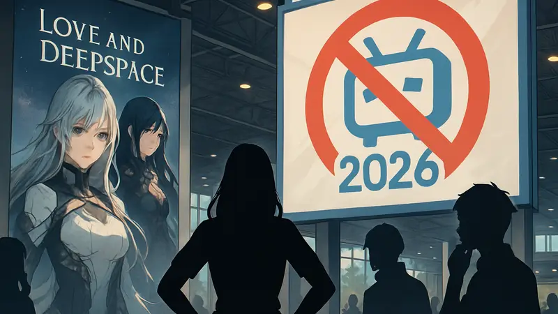 Арт с персонажами Love and Deepspace и логотип Bilibili World 2026, символизирующий отмену стенда.