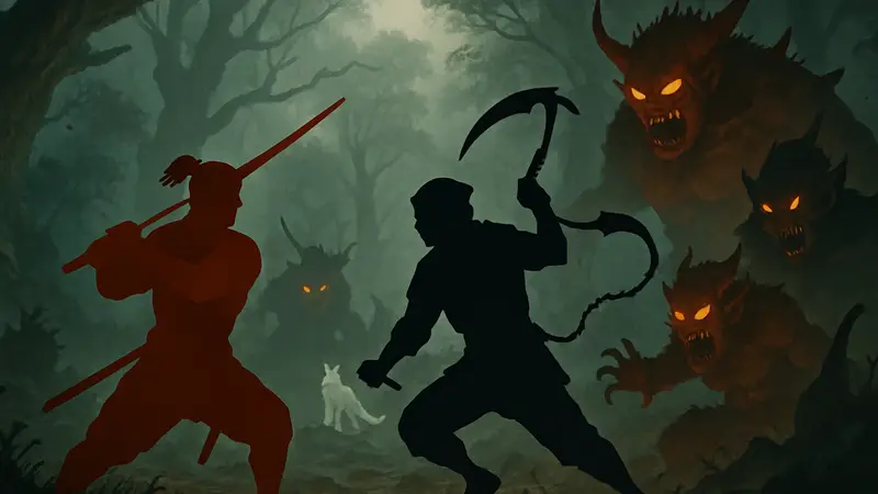 Игрок-самурай с катаной и игрок-ниндзя с кусаригамой сражаются с демонами в Nioh 3.