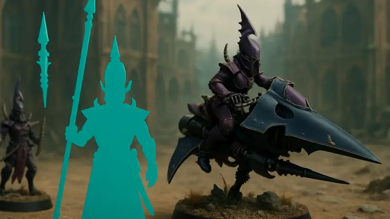 Раскрашенные миниатюры Принца Ириэля и гравицикла «Гадюка» из Warhammer 40,000.