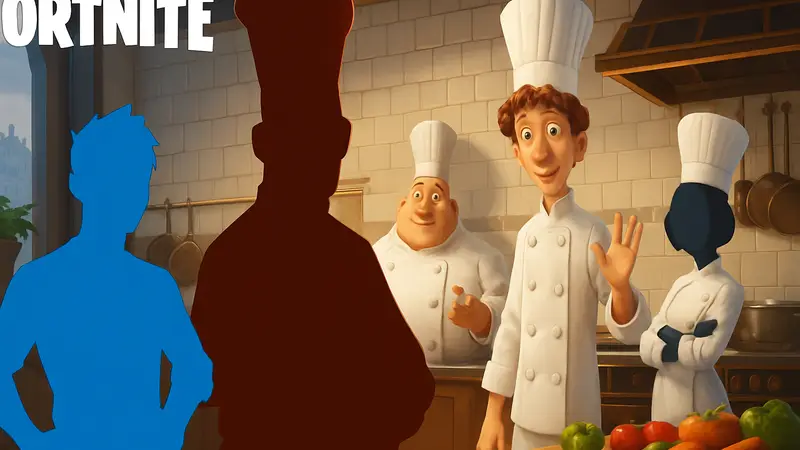 Скриншот из Fortnite с персонажами из "Рататуя" и отсутствующим крысёнком Реми.