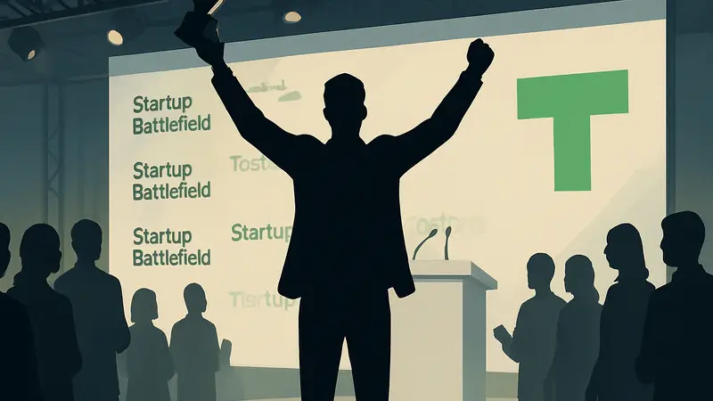 Молодой предприниматель на сцене Startup Battlefield после победы, TechCrunch