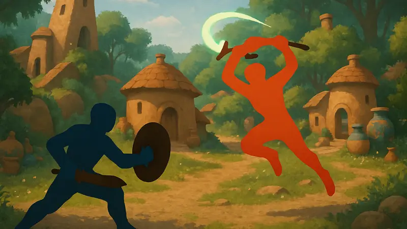Скриншот Kiln от Double Fine, демонстрирующий сочетание файтинга и уютной атмосферы.