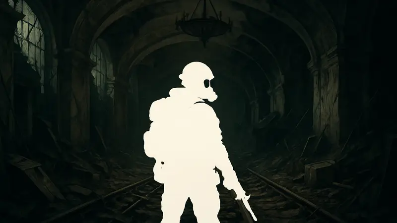 Артём из серии Metro на фоне разрушенного московского метрополитена, освещённого тусклым светом.