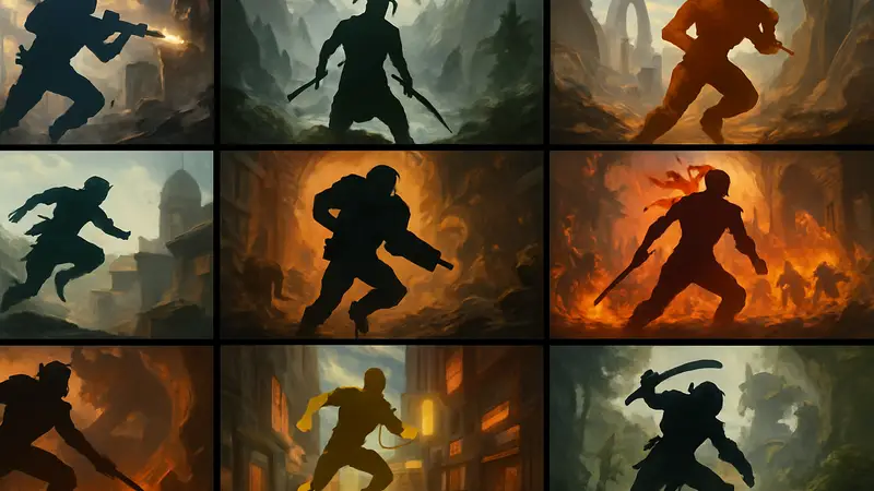 Изображение демонстрирует коллаж из фрагментов геймплея 10 самых динамичных эпических видеоигр.