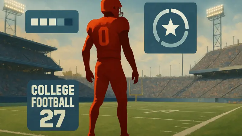 Игрок в College Football 27 на поле с индикаторами прокачки и очков навыков.