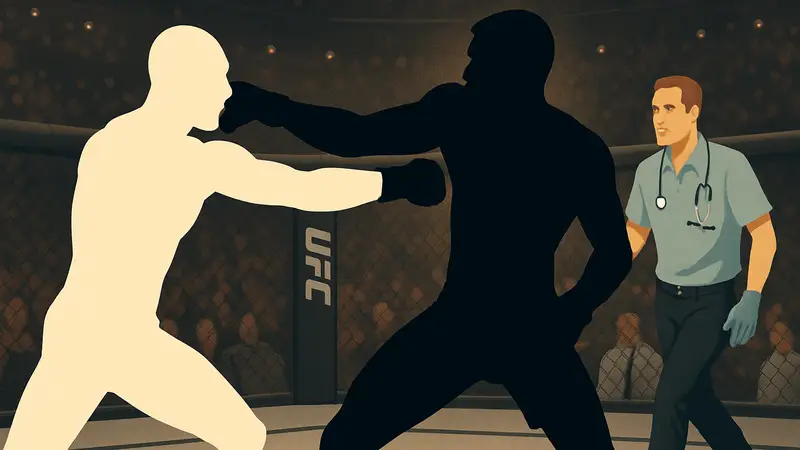 Боец UFC 6 наносит точный удар по лицу оппонента, вызывая остановку врачом.