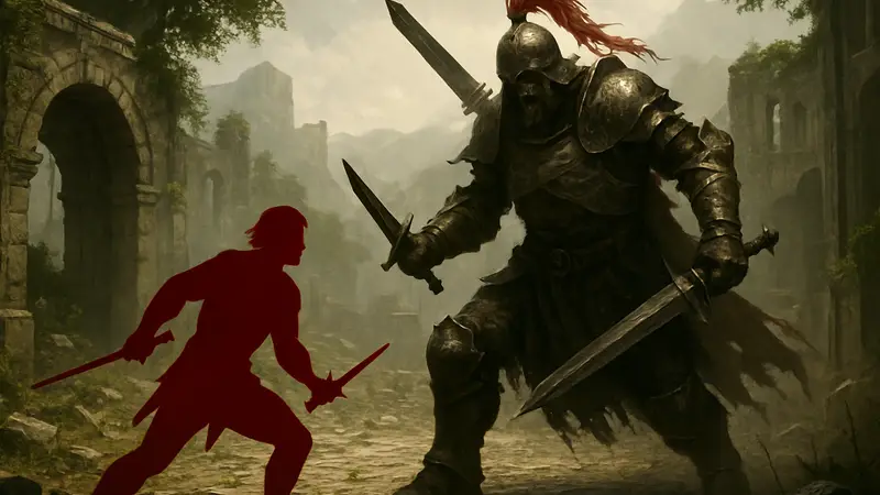 Изображение Забытого Генерала из Crimson Desert в бою с игровым персонажем