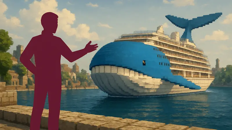 Игрок Pokopia демонстрирует построенный круизер в форме покемона Вайлорда