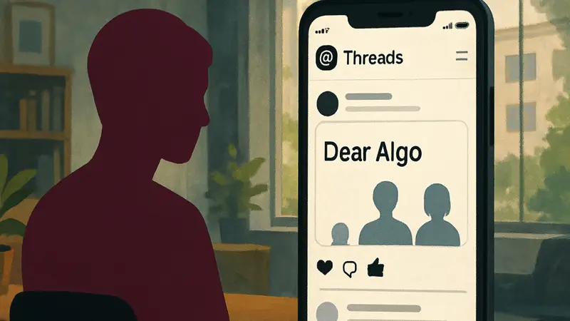 Интерфейс Threads с постом, где пользователь обращается к ИИ с функцией «Dear Algo» для настройки ленты.
