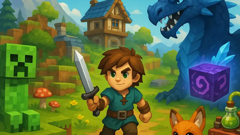 Игровой мир Hytale с яркими блочными элементами и элементами модификаций.