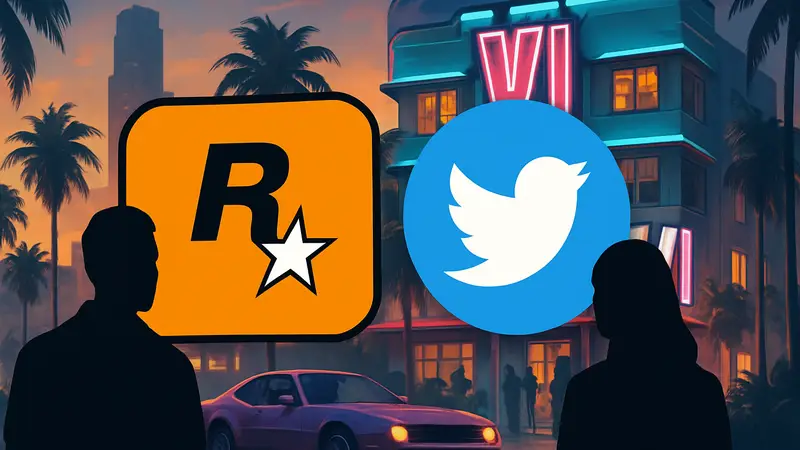 Логотип Rockstar Games и иконка Twitter на фоне баннера GTA 6.