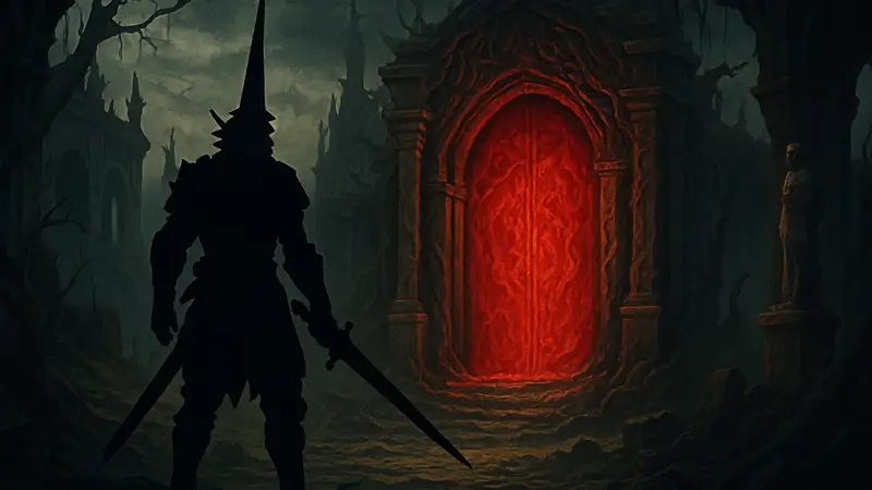 Главный герой Blasphemous 2 стоит перед Красными Вратами в мрачном мире.