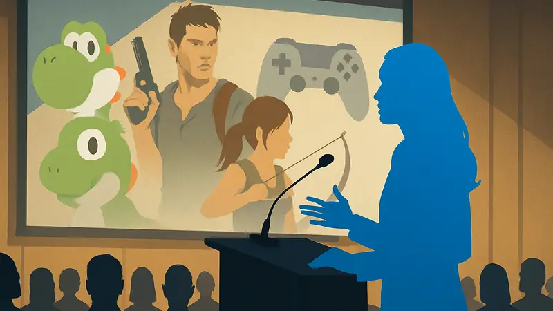 Актриса Бри Ларсон выступает на конференции, обсуждая влияние игровой индустрии на Голливуд.